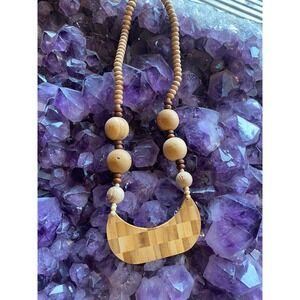 1980s wood necklace, vintage jewelry, wooden beads, bohemian style, bib necklace